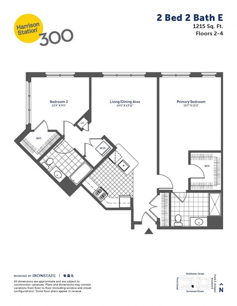 Floor plan for 2 beds, 2 baths, 1215 sqft